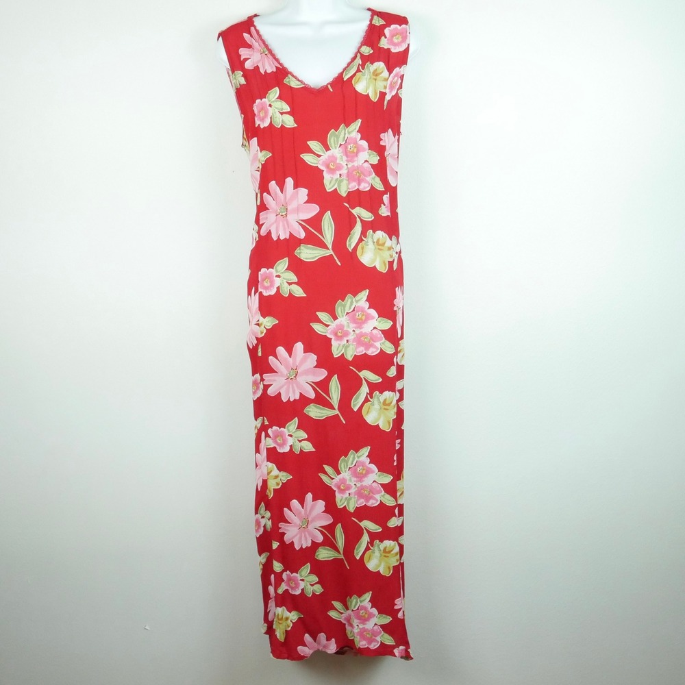 Vintage Y2K Red Floral Maxi Dress XL Sundress Lace Romantic 90s Tieback Boho